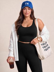 SHEIN Rhythm Era Women's Plus Size Solid Color Cropped Top And High Waist Leggings Casual Daily Sports Set - Black - View 5