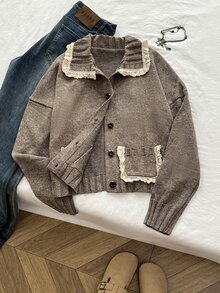 Elamini Cardigan Rajut Lengan Panjang Wanita dengan Hiasan Renda, Saku, Patchwork, Warna Kontras, Gaya Vintage yang Indah, Serbaguna, Manis untuk Musim Gugur/Dingin - Coklat - View 6