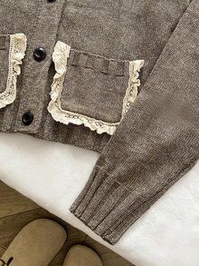 Elamini Cardigan Rajut Lengan Panjang Wanita dengan Hiasan Renda, Saku, Patchwork, Warna Kontras, Gaya Vintage yang Indah, Serbaguna, Manis untuk Musim Gugur/Dingin - Coklat - View 7