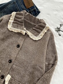 Elamini Cardigan Rajut Lengan Panjang Wanita dengan Hiasan Renda, Saku, Patchwork, Warna Kontras, Gaya Vintage yang Indah, Serbaguna, Manis untuk Musim Gugur/Dingin - Coklat - View 4