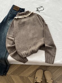 Elamini Cardigan Rajut Lengan Panjang Wanita dengan Hiasan Renda, Saku, Patchwork, Warna Kontras, Gaya Vintage yang Indah, Serbaguna, Manis untuk Musim Gugur/Dingin - Coklat - View 2