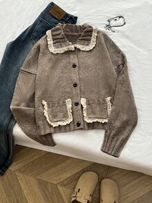 Elamini Cardigan Rajut Lengan Panjang Wanita dengan Hiasan Renda, Saku, Patchwork, Warna Kontras, Gaya Vintage yang Indah, Serbaguna, Manis untuk Musim Gugur/Dingin - Coklat - View 1