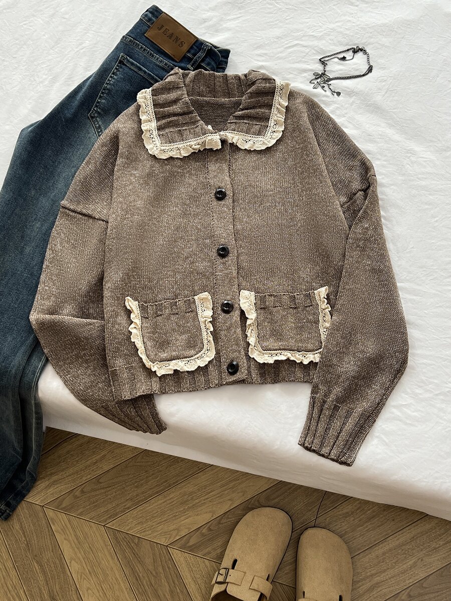 Elamini Cardigan Rajut Lengan Panjang Wanita dengan Hiasan Renda, Saku, Patchwork, Warna Kontras, Gaya Vintage yang Indah, Serbaguna, Manis untuk Musim Gugur/Dingin - Coklat - View 1