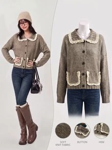 Elamini Cardigan Rajut Lengan Panjang Wanita dengan Hiasan Renda, Saku, Patchwork, Warna Kontras, Gaya Vintage yang Indah, Serbaguna, Manis untuk Musim Gugur/Dingin - Coklat - View 3