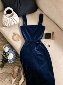 SHEIN Clasi Velvet Spaghetti Strap Ruched Bust Bodycon Slit Party Elegant Autumn/Winter Women's Midi Dress - Navy Blue - View 2