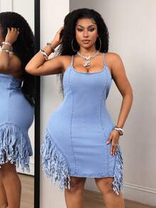 Slaydiva Gaun Denim Wanita Ukuran Besar dengan Desain Rumbai, Kasual, untuk Sehari-hari di Musim Panas, Cocok untuk Musim Panas. - Biru - View 1