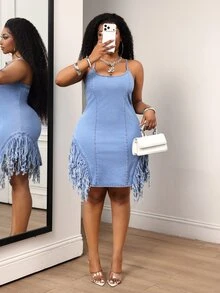 Slaydiva Gaun Denim Wanita Ukuran Besar dengan Desain Rumbai, Kasual, untuk Sehari-hari di Musim Panas, Cocok untuk Musim Panas. - Biru - View 6