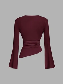SHEIN MOD 女款 2 件組 酒紅與杏色圓領抓皺喇叭袖收腰不對稱下擺百搭長袖 T 恤打底衫 - 彩色 - 查看 9