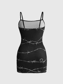 ROMWE Gaun Mini Wanita Ukuran Besar Motif Duri Gaya Goth Pas Badan Gaun Bodycon Musim Semi Musim Panas Sangat Pendek Seksi - Hitam - View 2