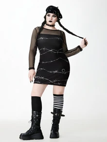 ROMWE Gaun Mini Wanita Ukuran Besar Motif Duri Gaya Goth Pas Badan Gaun Bodycon Musim Semi Musim Panas Sangat Pendek Seksi - Hitam - View 6