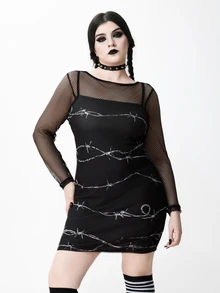 ROMWE Gaun Mini Wanita Ukuran Besar Motif Duri Gaya Goth Pas Badan Gaun Bodycon Musim Semi Musim Panas Sangat Pendek Seksi - Hitam - View 3