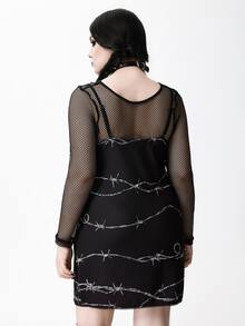 ROMWE Gaun Mini Wanita Ukuran Besar Motif Duri Gaya Goth Pas Badan Gaun Bodycon Musim Semi Musim Panas Sangat Pendek Seksi - Hitam - View 8