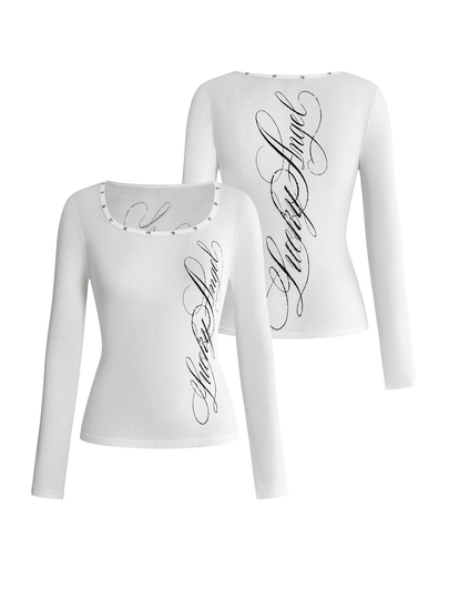 Camiseta transparente para mujer con cuello en U, logo en inglés, tachuelas de estrella, versátil y a juego, estilo Y2K sexy hot girl