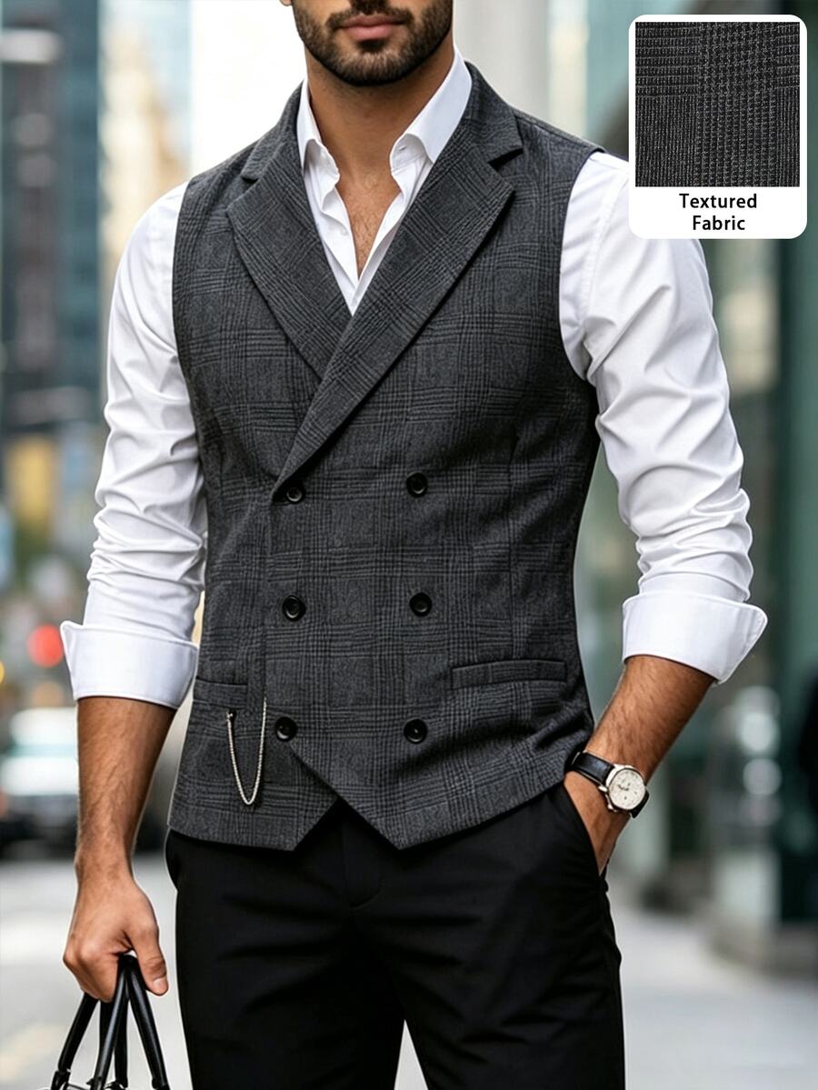 Manfinity Mode Men's Plaid Wool Old Money Style Vest, Mature Versatile Autumn/Winter Layering - Multicolor - View 1
