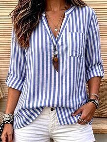 Linhara CURVE Plus-Size Lady's Stylish Striped Casual Autumn Blouse Fall - Blue - View 1