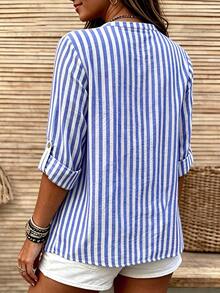 Linhara CURVE Plus-Size Lady's Stylish Striped Casual Autumn Blouse Fall - Blue - View 2