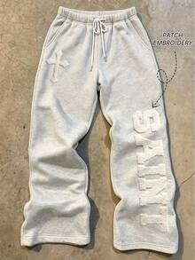 ZURIURI بنطلون رياضي من الصوف الناعم بطبعة حروف ثلاثية الأبعاد، بأسلوب أمريكي شائع جداً، ملابس الشارع - رمادي - مشاهدة 1