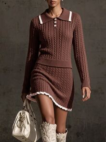 SHEIN LUNE Retro Academy Elegant Polo Collar Long Sleeve Knitted Top Knitted Half Skirt Autumn Wear Set, Fried Dough Twists Pattern, Back To School Wear - Brown - View 3