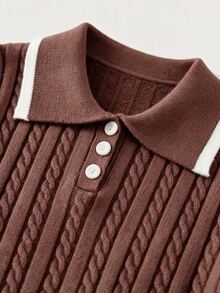 SHEIN LUNE Retro Academy Elegant Polo Collar Long Sleeve Knitted Top Knitted Half Skirt Autumn Wear Set, Fried Dough Twists Pattern, Back To School Wear - Brown - View 4