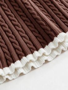 SHEIN LUNE Retro Academy Elegant Polo Collar Long Sleeve Knitted Top Knitted Half Skirt Autumn Wear Set, Fried Dough Twists Pattern, Back To School Wear - Brown - View 6