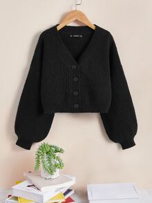 SHEIN Essnce Plus Drop Shoulder Ribbed Knit Cardigan, For Autumn To Formal Graduation Black Casual Baggy - Black - View 6