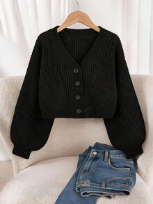 SHEIN Essnce Plus Drop Shoulder Ribbed Knit Cardigan, For Autumn To Formal Graduation Black Casual Baggy - Black - View 2