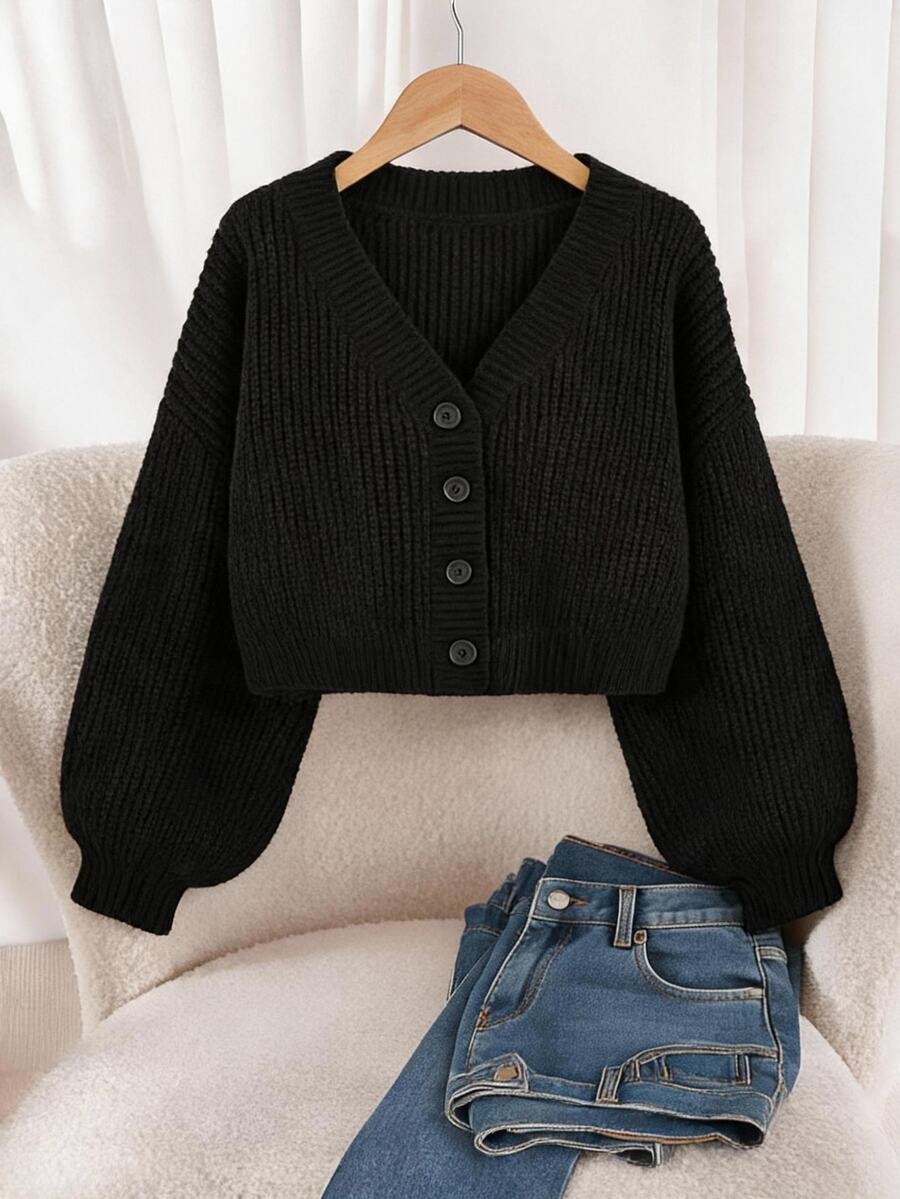 SHEIN Essnce Plus Drop Shoulder Ribbed Knit Cardigan, For Autumn To Formal Graduation Black Casual Baggy