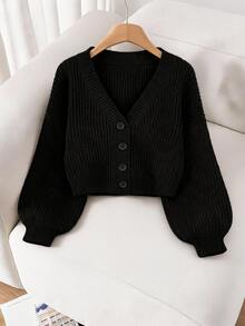 SHEIN Essnce Plus Drop Shoulder Ribbed Knit Cardigan, For Autumn To Formal Graduation Black Casual Baggy - Black - View 5