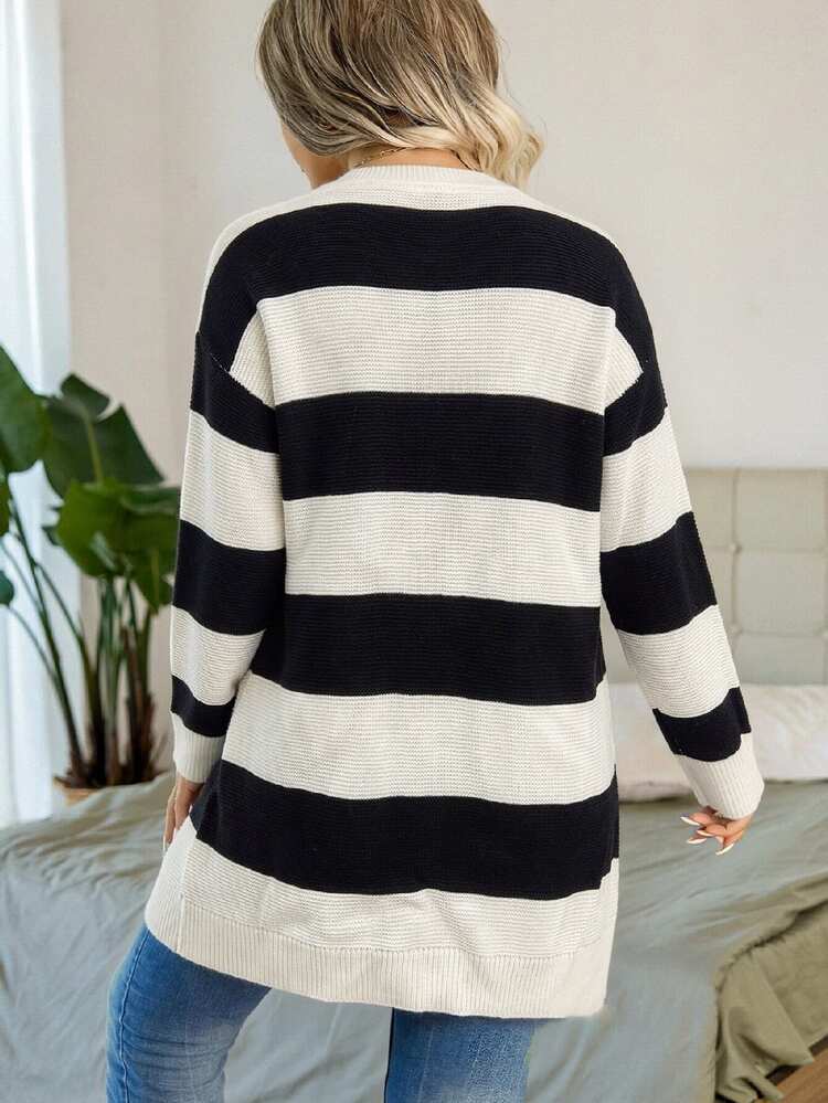 Vionelle Plus Size Women's Autumn/Winter Black And White Striped Cardigan, Fashionable Versatile Long Sleeve Sweater Cardigan, Suitable For Casual, Daily Outings And Other Occasions - Black and White - View 3