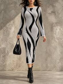 Elenzga Women's Colorblock Pattern Bell Sleeve Knit Dress - Apricot - View 3