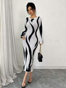 Elenzga Women's Colorblock Pattern Bell Sleeve Knit Dress - Apricot - View 6