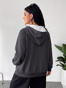 SHEIN EZwear 灰色大尺碼女款插肩袖長袖前拉鍊抽繩連帽運動衫 - 灰色 - 查看 2