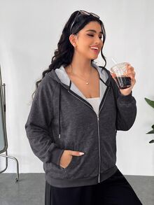 SHEIN EZwear 灰色大尺碼女款插肩袖長袖前拉鍊抽繩連帽運動衫 - 灰色 - 查看 3