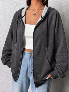 SHEIN EZwear 灰色大尺碼女款插肩袖長袖前拉鍊抽繩連帽運動衫 - 灰色 - 查看 1