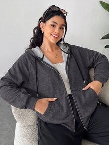 SHEIN EZwear 灰色大尺碼女款插肩袖長袖前拉鍊抽繩連帽運動衫 - 灰色 - 查看 5