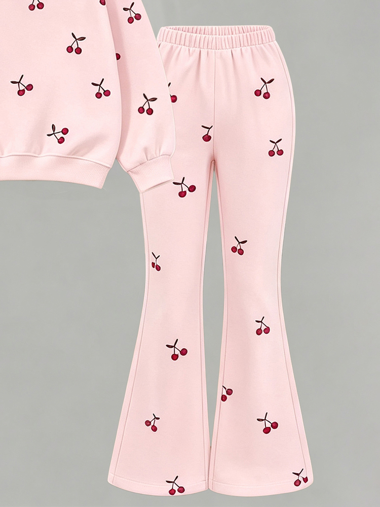 Girls' Sweet Cherry Print 2 Pieces Set, Round Neck Long Sleeve Top + Elastic Waist Flared Pants, Casual Outfit For Big Young Girl, Cozy Vibes, Fall Vibes - Multicolor - View 5