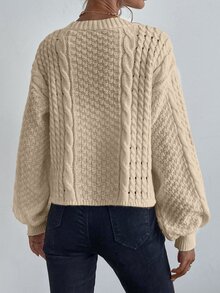 SHEIN 女款落肩長袖單排扣休閒針織開襟衫 - 卡其色 - 查看 2