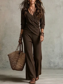 SHEIN Wrap V Neck Knit Two Pieces Set Petal Sleeve Side Tie Crop Top Wide Leg Knit Pants Outfit - Brown - View 3