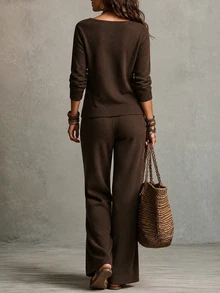 SHEIN Wrap V Neck Knit Two Pieces Set Petal Sleeve Side Tie Crop Top Wide Leg Knit Pants Outfit - Brown - View 2