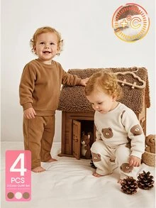 SHEIN Playful Pals 4件組幼童女款運動衫+長褲套裝，可愛棕色奶油熊印花華夫格長袖圓領加厚款，生日派對秋季聖誕假期彈性腰 - 彩色 - 查看 4