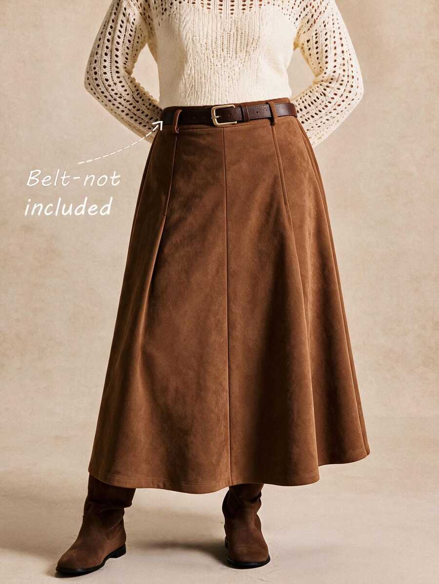 Écloséra Curve Plus Size High Waist Belt Loop Divided Pleated A-Line Umbrella Skirt Suede-Like Texture Mid-Length Skirt - Khaki - View 1