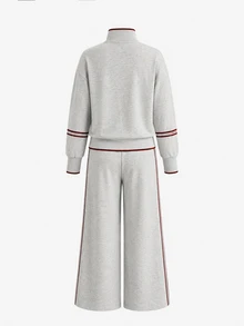 Balvessa Vintage Sporty Grey & White Half-Zip Sweatshirt And Wide-Leg Pants Set - Grey - View 8