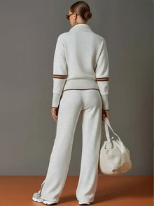 Balvessa Vintage Sporty Grey & White Half-Zip Sweatshirt And Wide-Leg Pants Set - Grey - View 2