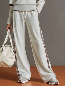 Balvessa Vintage Sporty Grey & White Half-Zip Sweatshirt And Wide-Leg Pants Set - Grey - View 4