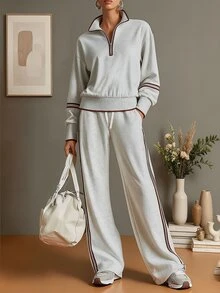 Balvessa Vintage Sporty Grey & White Half-Zip Sweatshirt And Wide-Leg Pants Set - Grey - View 3