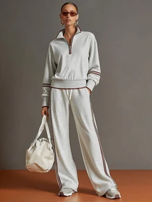 Balvessa Vintage Sporty Grey & White Half-Zip Sweatshirt And Wide-Leg Pants Set - Grey - View 1