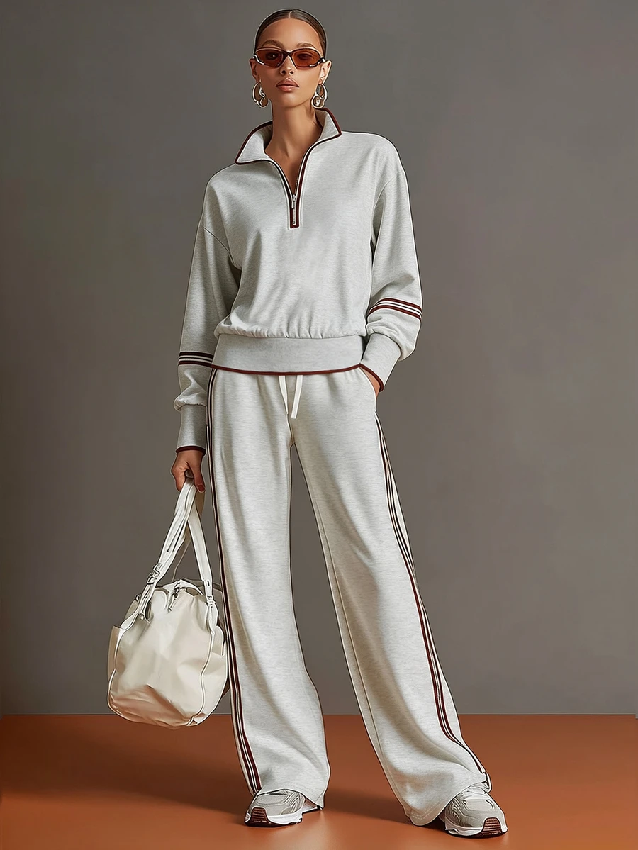 Balvessa Vintage Sporty Grey & White Half-Zip Sweatshirt And Wide-Leg Pants Set - Grey - View 1