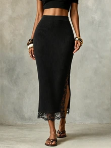 SHEIN Contrast Lace Split Thigh Knit Skirt - Black - View 7