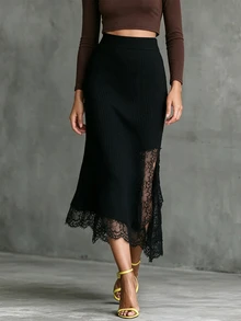 SHEIN Contrast Lace Split Thigh Knit Skirt - Black - View 1