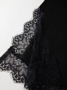 SHEIN Contrast Lace Split Thigh Knit Skirt - Black - View 5